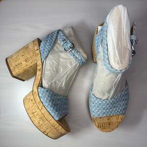 Sam Edelman Immie Blue Check Denim Cork Wedge Platform Sandals